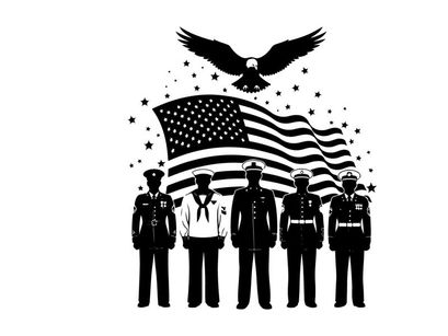 American patriotic silhouette of soldiers and flag with eagle