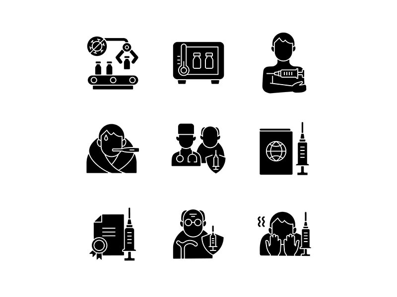 Covid vaccination black glyph icons set on white space
