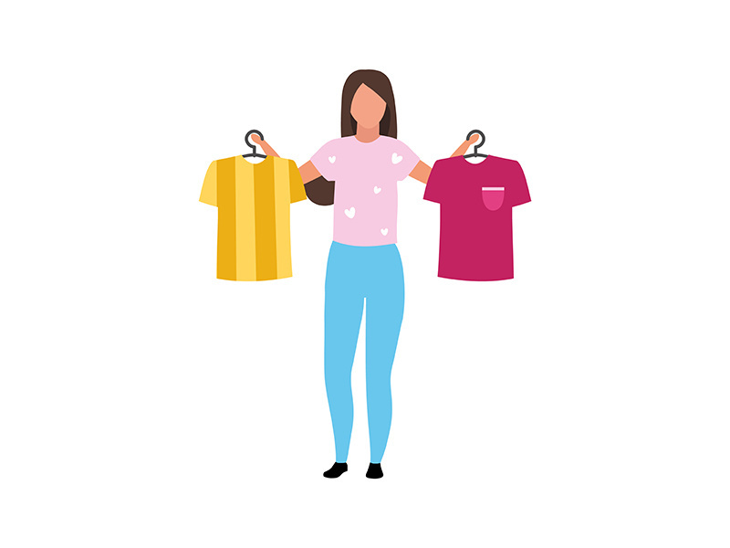 Girl helps with t shirts choosing semi flat color vector character
