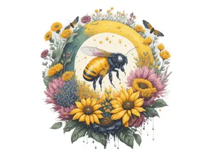 Watercolor Floral Honey Moon With Flying Bee And Sunflower, Vector Illustration Isolated In White Background.