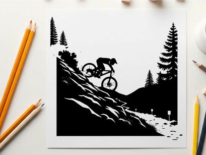 Mountain biker in silhouette on snowy forest trail downhill