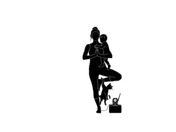 Silhouette of a woman with a baby and cat exercising preview picture
