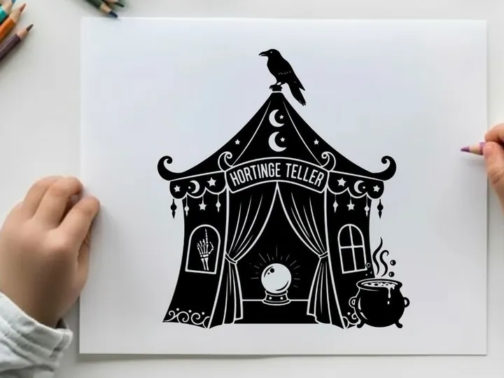 Silhouette of a mystical fortune teller tent with a crow and crystal ball
