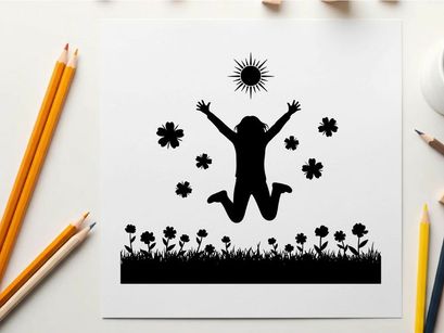 ilustrasi vektor wanita riang melompat di ladang musim panas