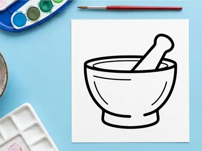 Mortar and pestle grinding herbs for natural remedies. Traditional apothecary tool for crushing spices and medicinal plants.