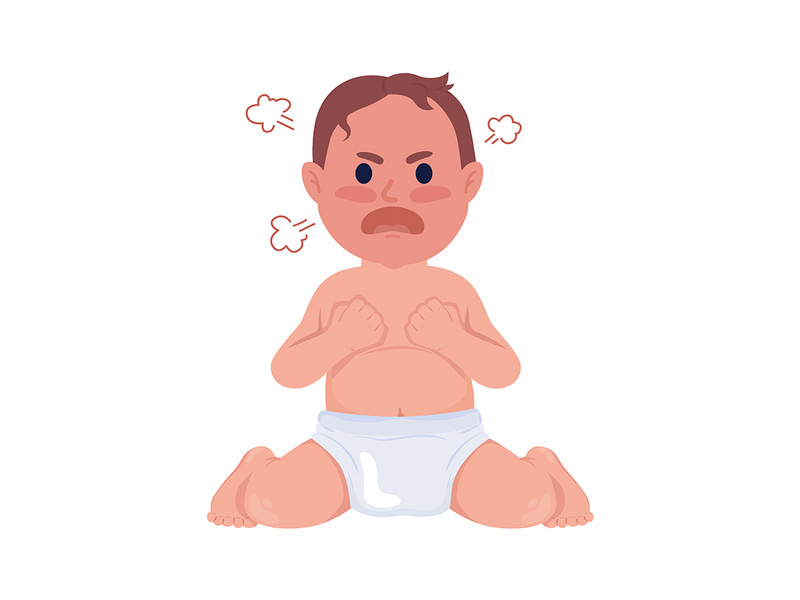 Angry baby boy with red face semi flat color vector character