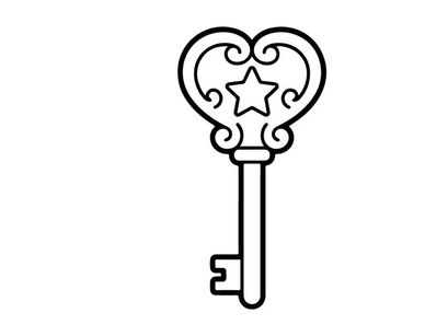 Llave vintage con diseño de corazón y estrella ornamentados. Ilustración clásica de llave esqueleto para temas de amor, seguridad y celebración.