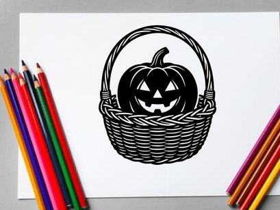 Halloween Pumpkin with Carved Face in Wicker Basket for Fall Decor