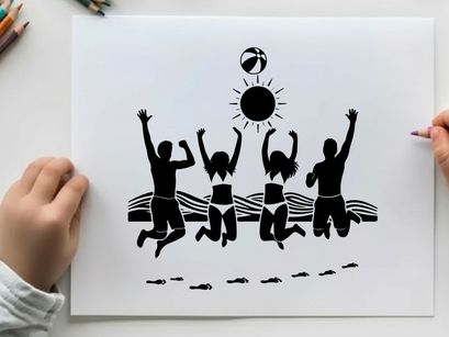Silhouette of joyful people celebrating under sunny sky silhouette
