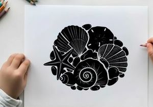 Silhouette of seashells and starfish on a beach