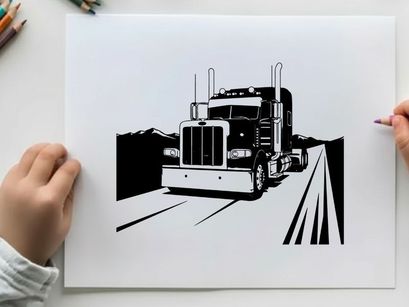Semi truck silhouette driving down a highway with mountains