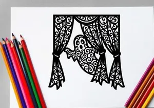 Silhouette of a Hummingbird in Front of Ornate Curtain Window Scene