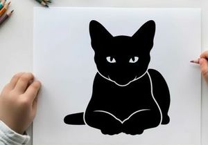 Black cat silhouette with white eyes and outline
