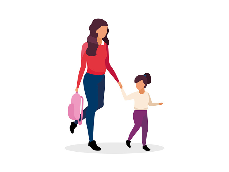 Mom and daughter going to school semi flat color vector characters