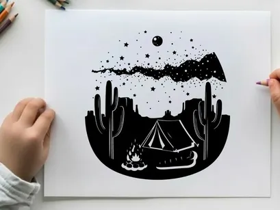 Desert camping silhouette under starry night sky