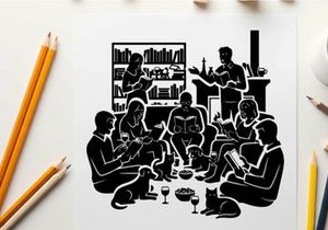 Silhouette of people reading and socializing in a cozy setting