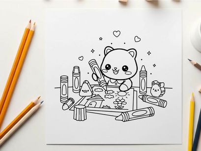 Cute teddy bear drawing with art supplies vector illustration