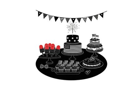 Silhouette of a festive dessert table with cakes and cupcakes silhouette
