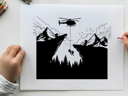 Silhouette of helicopter rescuing person in mountainous terrain with silhouette