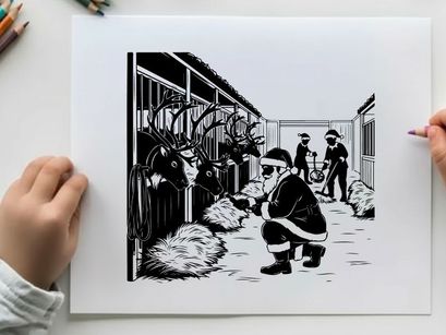 Santa claus feeding reindeer in a stable silhouette