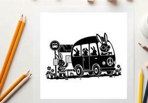 Peaceful silhouette of a bunny driving a psychedelic vw van