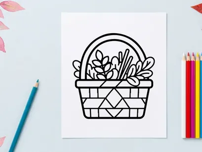 Hand-drawn Halloween basket with lilies for festive decor. Vintage style woven trick-or-treat container filled with spooky floral elements.