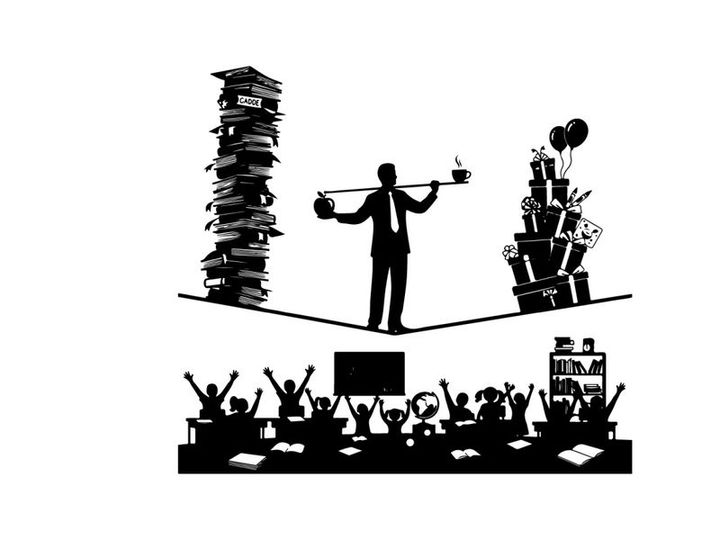 Silhouette of businessman balancing work and office supplies on a tightrope