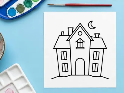 Line art house illustration with moon and chimney. Minimalist real estate vector drawing for architectural design.