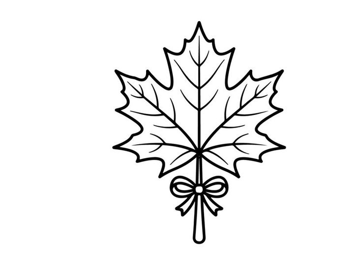 Stylized maple leaf illustration with bow. Elegant botanical design for branding and decor.