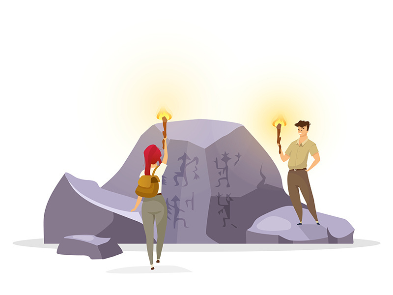 Tourists in cave flat vector illustration