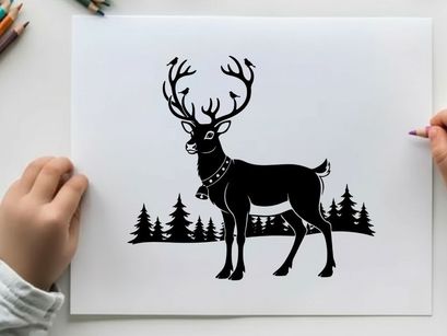 Reindeer silhouette with antlers and christmas bell collar outdoors