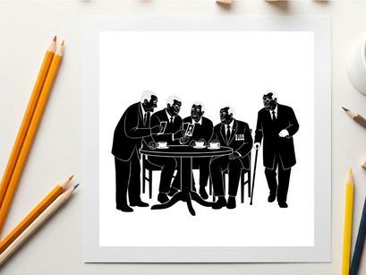 Silhouette of five men in suits gathered around a table with a sixth standing