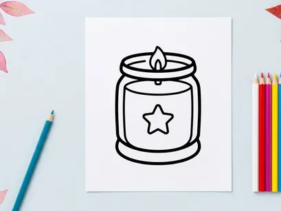 Burning candle in a glass jar icon. Simple line art illustration of a scented candle.