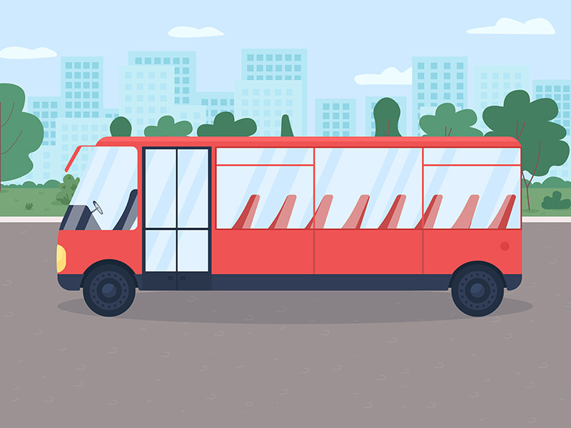 Bus on street flat color vector illustration