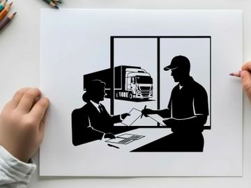 Businessman and delivery man in silhouette discussing documents by window with truck outside preview picture