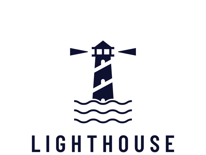 Sea lighthouse tower building creative logo with spotlights vintage vector template.
