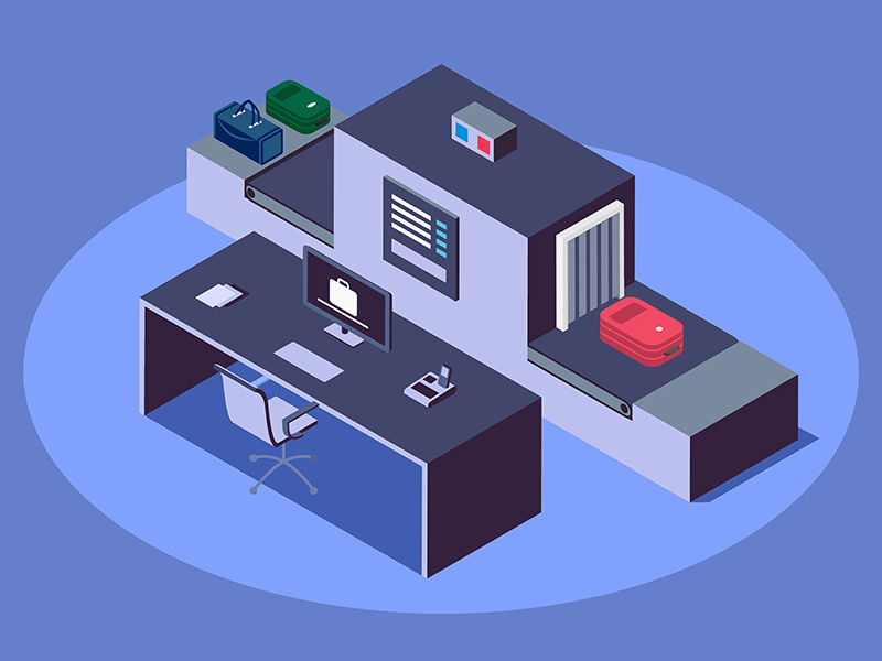 Airport baggage scanner isometric color vector illustration