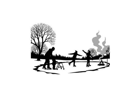Winter scene silhouette of people ice skating and having fun outdoors