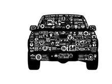 Silhouette of a car covered in numerous small stickers and decals silhouette