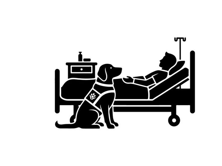 Silhouette of a service dog visiting a patient in hospital bed