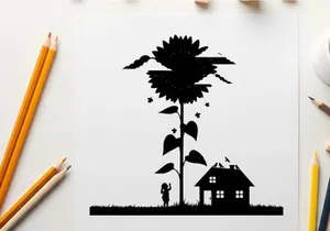 Silhouette of a person standing next to a giant sunflower and house