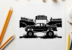 Truck silhouette racing on a track with a crowd and scoreboard