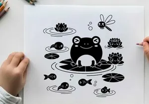Silhouette of a frog surrounded by water life and lilies silhouette