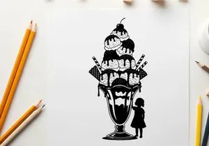 Silhouette of a girl looking at a giant ice cream sundae silhouette