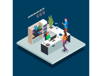 Library reception isometric color vector illustration preview picture