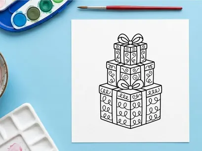 Hand-drawn Christmas gift box stack with ribbons and bows for festive holiday celebration