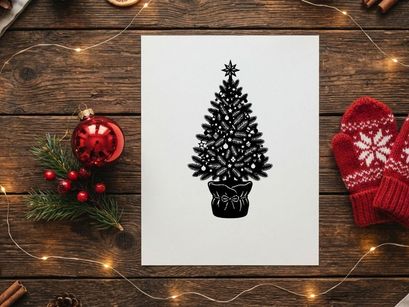 Ilustração de árvore de Natal em preto e branco com estrela no topo e enfeites em vaso de juta