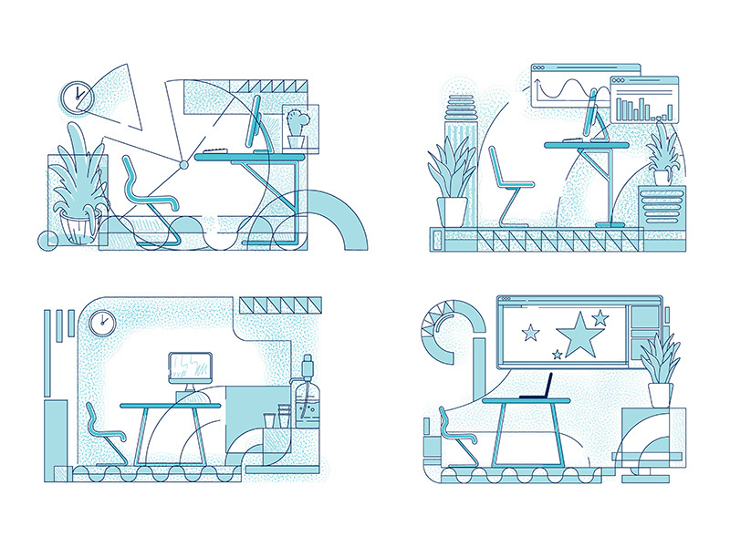 Modern office interior designs outline vector illustrations set