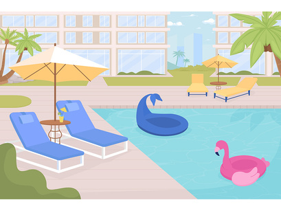 Modern city view and poolside illustrations set