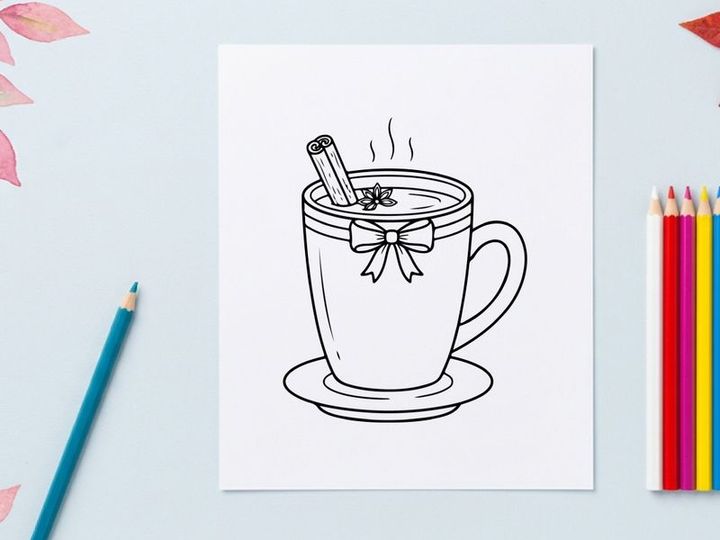 Hand drawn illustration of a steaming mug with a cinnamon stick